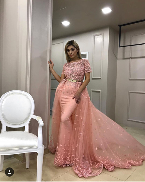 Short Sleeve Lace Applique Evening Dresses Long Pink Detachable Skirt Evening Gown Vestido De Longo