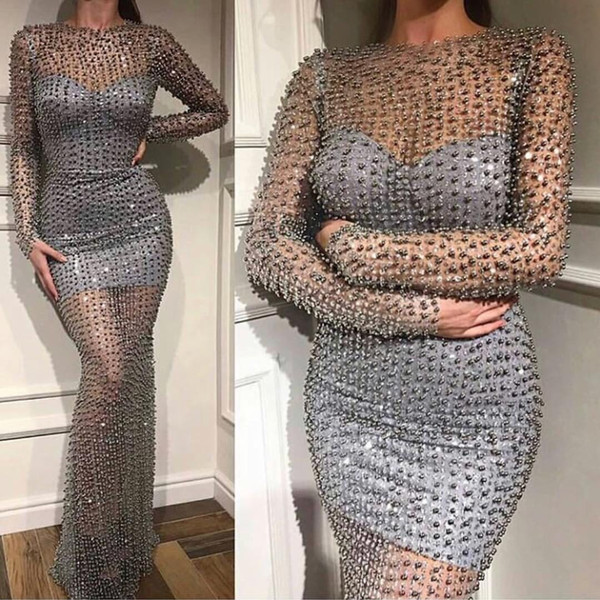 Gray Evening Dresses Long Mermaid Beaded Luxury Long Sleeve Evening Gown Formal Party Dress