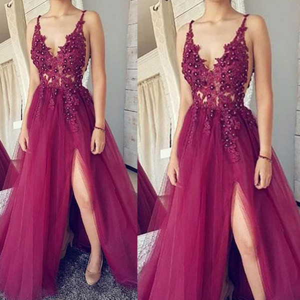 Evening Dresses Deep v Neck Flowers Pearls Lace Appliques Sheer Bodice Side Slit Floor Length Evening Gowns