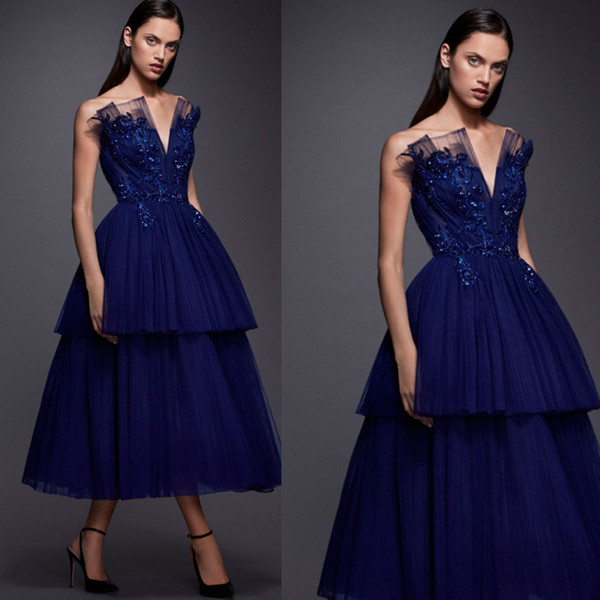 Royal Blue Prom Dresses Deep V Neck Lace Appliques Flowers Pleats Ball Gown Tea Length Evening Dresses Gowns