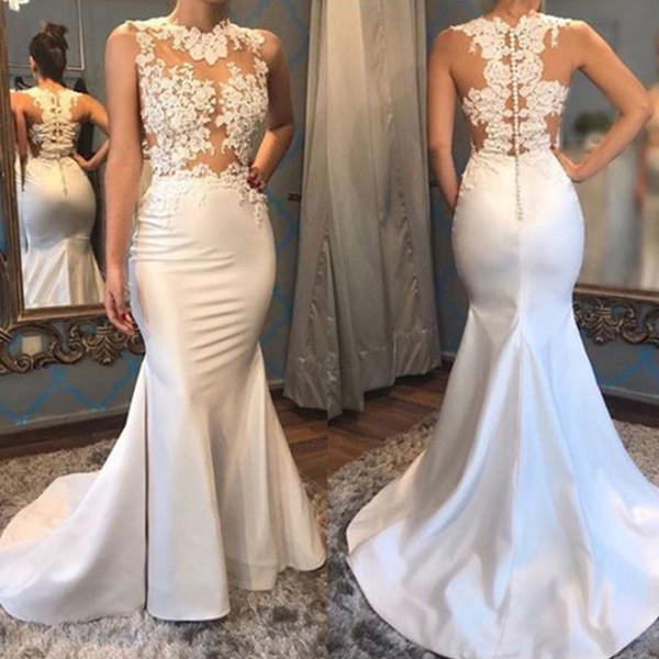 White Evening Dresses Cheap Sheer Crew Neckline Mermaid Lace Appliques Puffy Floor Length Arabic Evening Gowns