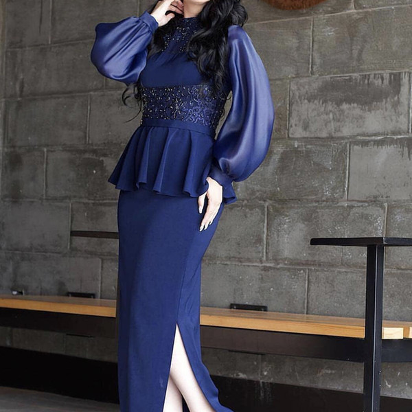 Royal Blue Evening Dresses with Long Sleeve Poet Peplum Side Slit Elegant Chiffon Ankle Length Beading Beaded Evening Dress Gowns