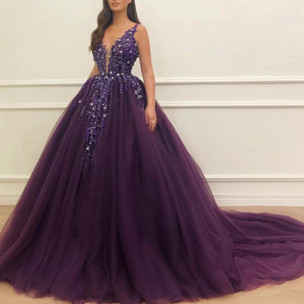 Purple Evening Dresses Sweetheart Neckline Lace Appliques Pearls Beading Sequins Flowers Ball Gown Tulle Court Train Evening Gowns