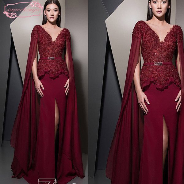 Ziad Nakad Evening Dresses Wine Red Lace Appliques Beading Peplum Front Slit Mermaid Long Evening Gowns Arabic