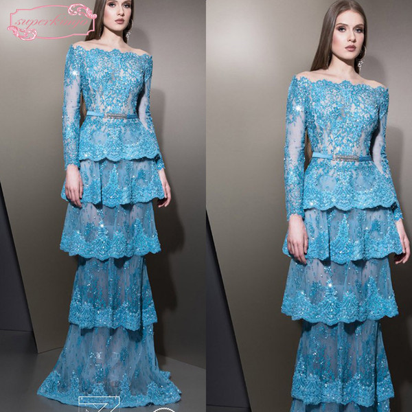 Ziad Nakad Blue Evening Dresses Off the Shoulder Long Sleeve Lace Appliques Beading Sequins Tiered Long Sleeve Sheath Prom Dresses Gowns