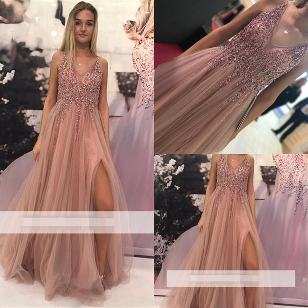 Blingbling Sequins Rose Gold A Line Evening Dresses Front Split Sleeveless Sweep Train Prom Party Gown