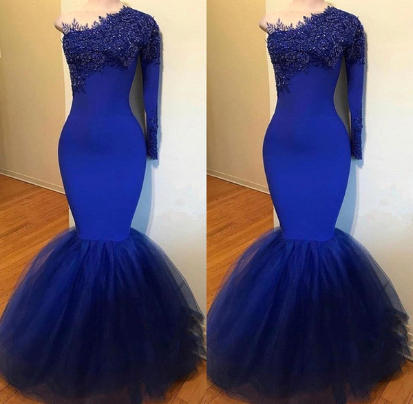 Designed One Shoulder Long Sleeve Evening Dresses Tulle Ruffles Appliques Beadings Long Mermaid Prom Party Dress BC1526