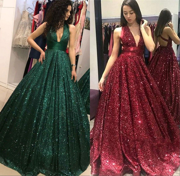 Sequined Hunter Green A Line Evening Dresses Sexy Deep V Neck Floor Length Prom Party Gown Red Carpet Dress