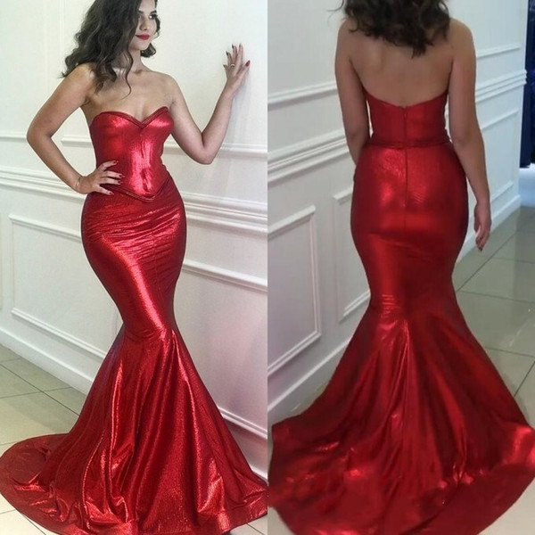 Bright Red Sequined Mermaid Evening Dresses Sweetheart Neck Floor Length Prom Party Gown BC0576