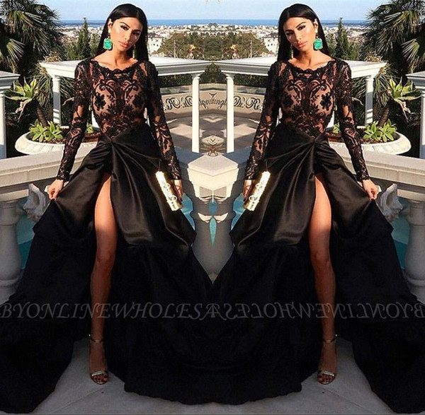 Illusion Long Sleeve Black Evening Dresses Front Split Bow Sash A Line Prom Party Gown BC0877