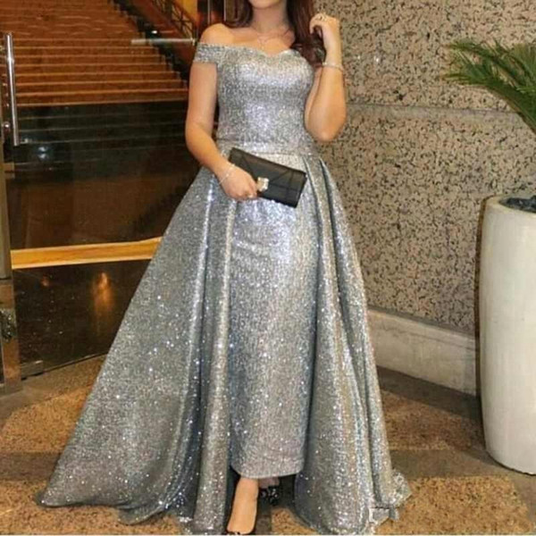 Luxury Sliver Sequined Evening Dresses Off Shoulder Arabic Dubai A Line Prom Party Gown BC1289