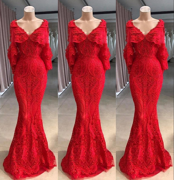 Gorgeous Red Beaded Mermaid Evening Dresses V Neck Appliques 3/4 Sleeve Prom Party Gown BC0863