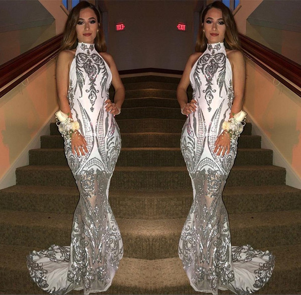 White Mermaid Evening Dresses Halter Silver Appliques Long Prom Party Dress Girls Formal Wear BC1036