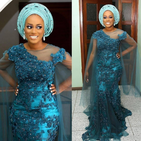 Nigeria Mermaid Evening Dresses Full 3D-Floral Appliques Beaded With Tulle Sleeve Aso Ebi Style Custom Made Prom Party Gowns BC1420