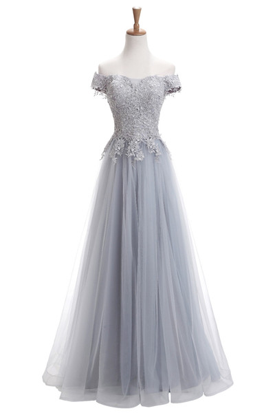 Hot Selling Online Evening Dress Lace Appliques Light Gray Tulle Short Sleeve Ladies Formal Party Gown