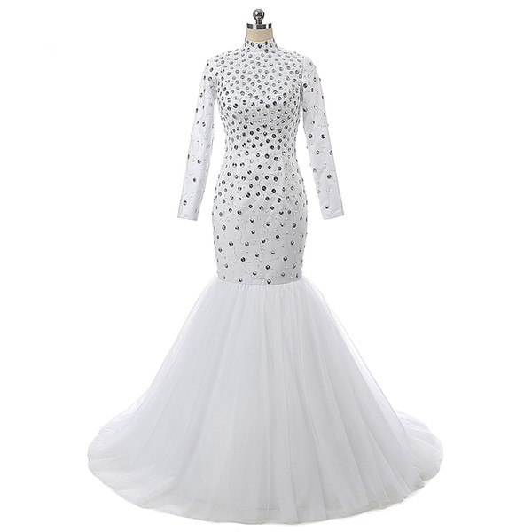 High Neck Mermaid Style Ladies Special Occasion Dress Evening Party Prom White Tulle Beaded Banquet Gown