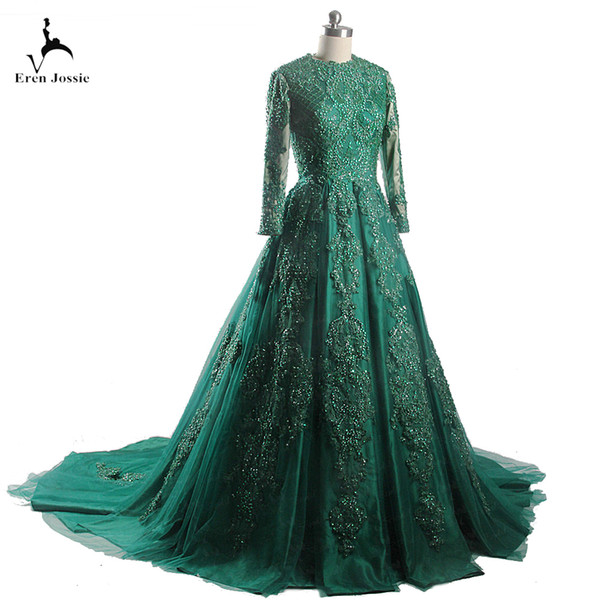 Eren Jossie Attractive Design Dark Green Long Sleeves Ladies Dress Evening Party A-Line Style Vestido De Novia