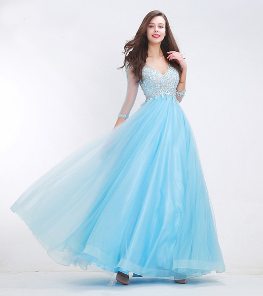 New Style Ball Gown Baby Blue Tulle Dress Evening Fashion Ladies Elegant Style Beaded Bodice Evening Gown