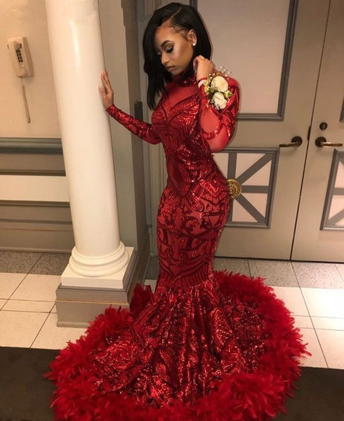 Saudi Arabic Red Plus Size Long Sleeve Mermaid Prom Dresses with Feathers Train High Neck Elegant Black Girls Evening Gala Gown