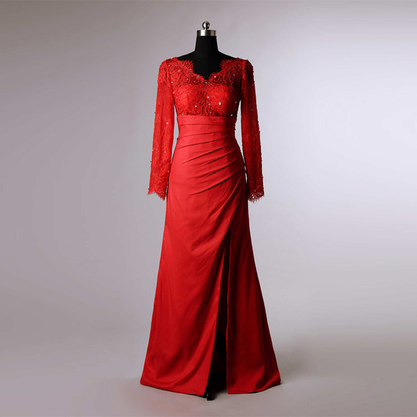 Elegant Red Formal Evening Dresses A Line Applique Sequins Zipper Up Lace Satin Long Sleeve Floor Length Evening Dresses