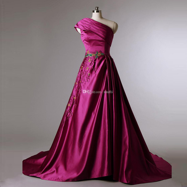 Elegant Formal Evening Dresses A Line Purple Prom Dresses Satin Sleeveless Embroidery Beaded Sequins One-Shoulder Evening Dresses Custom