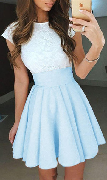 New Light Sky Blue Lace Graduation Short Prom dresses Bateau Neck Satin Ruched Mini Homecoming Party Cocktail Dress For Girls Formal
