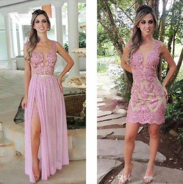 Illusion Lace Beaded Graduation Short Prom Dresses Sleeveless Tulle Applque Chiffon Over Skirt Formal Party Evening Dresses