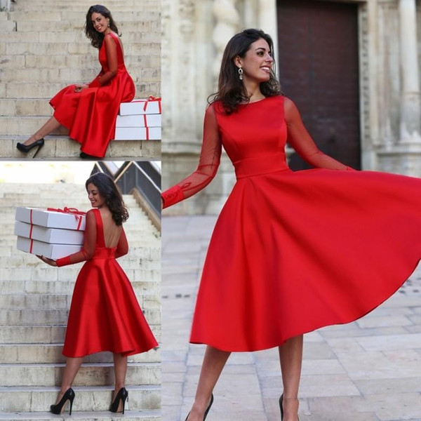 Sheer Long Sleeves Red Graduation Dresses A Line Jewel Neck Backless Tea Length Cocktail Dresses Mother Homecoming Gowns Cheap BA4852