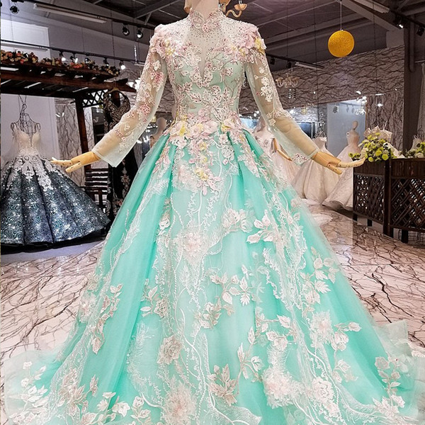 Latest Design Long Tulle Sleeve Graduation Dresses High Neck Lace Up Back Hand Made 3D Floral Applique Illusion Neckline Evening Gowns