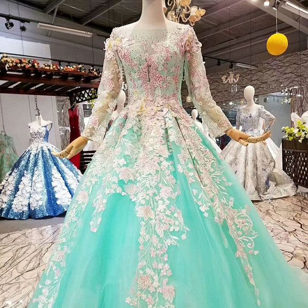 Cheap Beauty Graduation Dresses Long Sleeves O-neck Lace Up Color Flowers With Appliques And Beads Simple A-line Floor Length Prom Dres