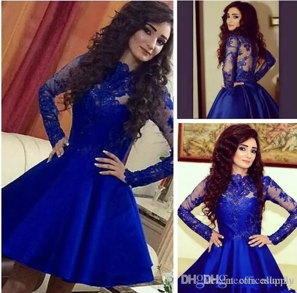 Short Royal Blue Lace Homecoming Dresses Lace Applique Satin Long Sleeves Satin A-Line Graduation Short Cocktail Party Gowns
