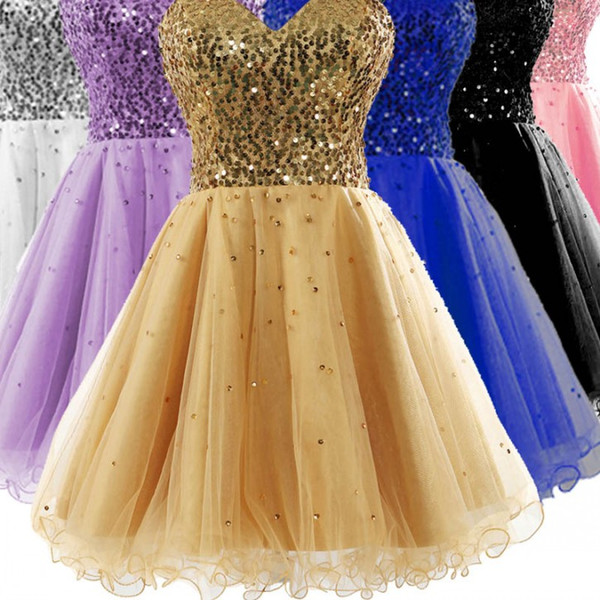 Sexy Stock Sweetheart Golden Graduation Dresses for 8th Grade High School Tulle Sequins Ruffle A Line Short Homecoming Party Prom Gowns 2015