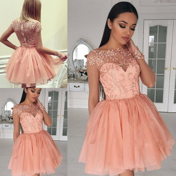 Latest Cute Long Sleeve Graduation Dresses Appliques Beaded Tulle Mini Short Homecoming Party Prom Dresses