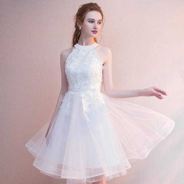 Modest Applique Halter Graduation Dresses With Tulle Back Zipper Short Prom Dress Graduation Party Club Wear
