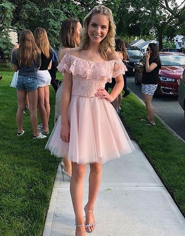 Pink Off shoulders Graduation Party Dresses Tulle A line With Sleeves Applique Sequins Crystal Short Homecoming Prom dress Cheapl
