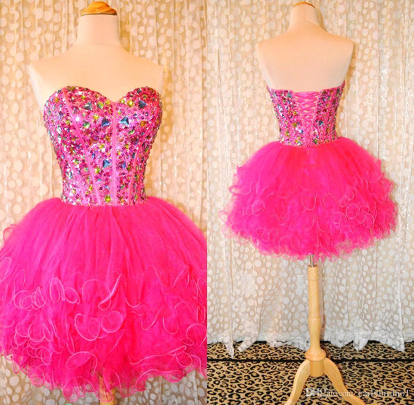 Wonderful Sweetheart Crystals Hot Pink Puffy Tulle Ball Gown Short Homecoming Colorful Rhinestones Cocktail Prom Graduation Dresses BO7806