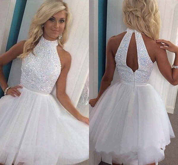 Hot Sale Graduation Dresses with High Collar Beaded Sexy Back Homecoming Party Gowns Sleeveless Tulle A Line Dress