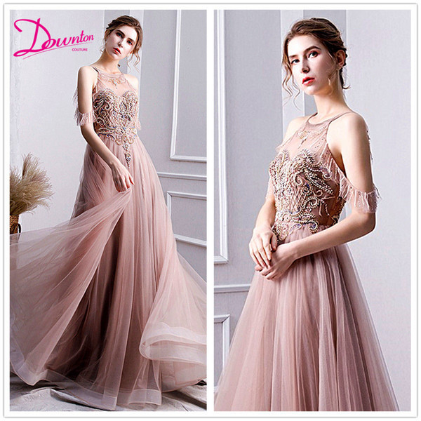 Beading Prom Dresses Halter neck Pink Tulle Sweep Train Off the Shoulder Straps Evening Gown A-line Stuning dress for Graduation