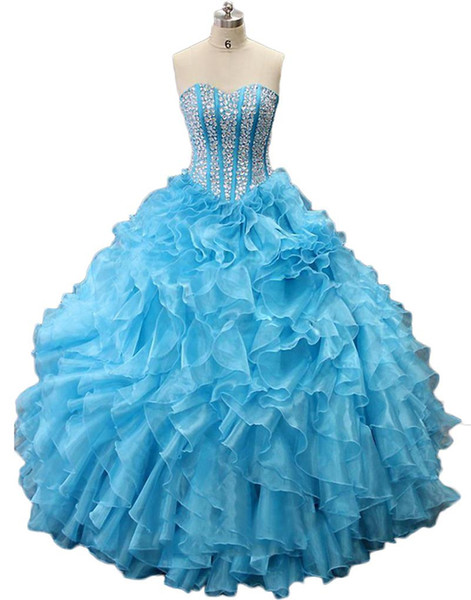 2017 Fashion Ball Gown Quinceanera Dress Sweetheart Crystals Ruffles Organza Floor Length Long Graduation Party Gowns Custom Size