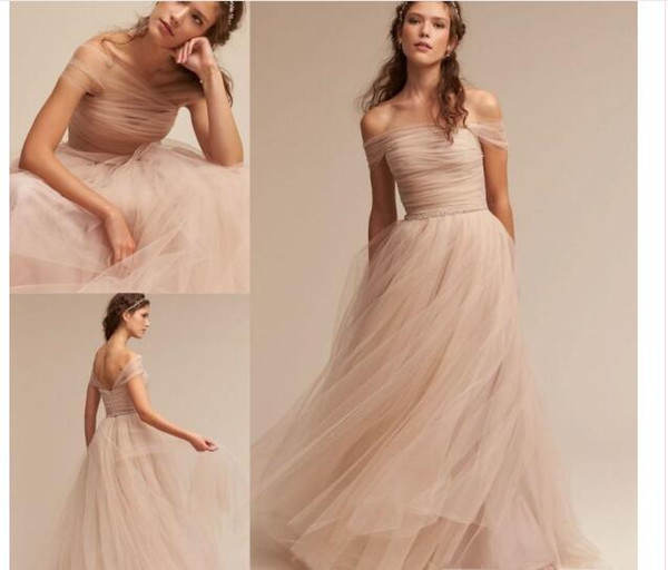 Nude 2017 BHLDN graduation Dresses Off The Shoulder Delicate Sash Bridal Gowns Floor Length A Line Backless PARTY DRESS Bridesmaid Wear