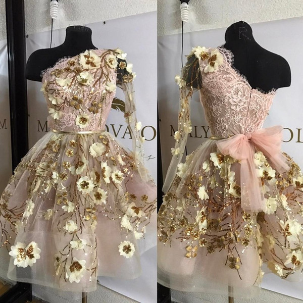 Cheap Gold Lace Graduation Dresses Appliqued One Shoulder Long Sleeves Homecoming Dress Short Mini A Line Juniors Prom Gowns