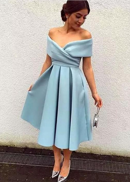 Sky Blue Simple Satin Dresses 2017 Summer Tea-Length A-Line Formal graduation Prom Gown For Cheap 