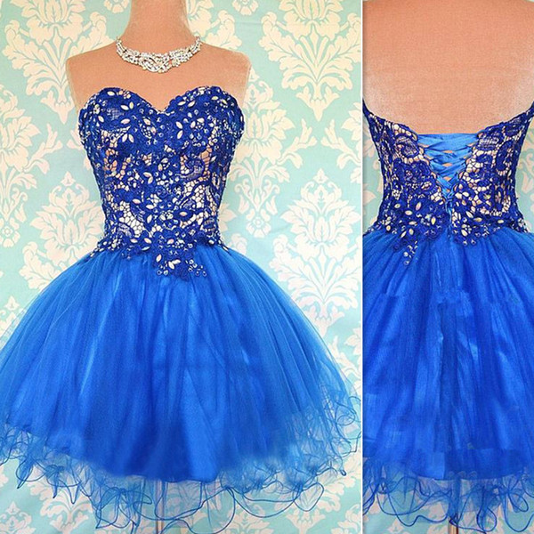 2017 Short Ball Gown Royal Blue Graduation Dresses Sweetheart Tulle And Lace Real Picture Sexy Homecoming Party Gowns For Girls