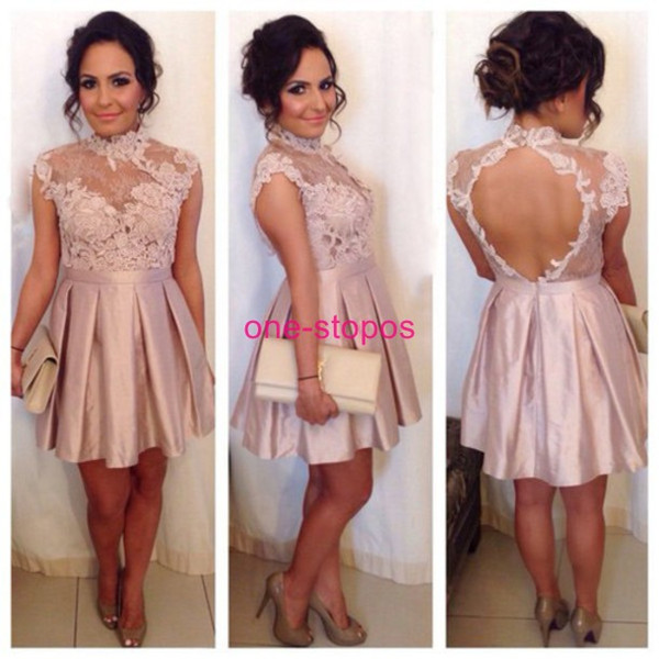 Blush Lace High Neck Short Graduation Dresses Cap Sleeve Sexy Open Back Homecoming Prom Dress Women Cocktail Party Dress 
