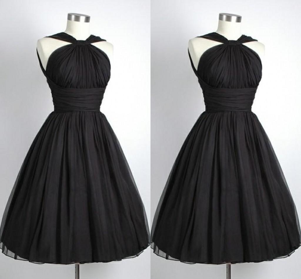 2014 Black Graduation Dresses Under $100 Vintage Party Dress A-Line Halter Chiffon Pleated Short Cocktail Dresses For Graduations