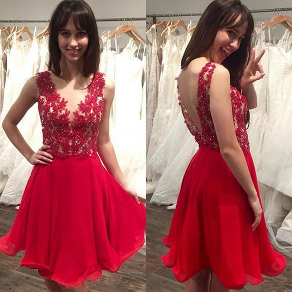 Little Red Short Homecoming Dresses Lace Sequins Appliqued Sexy Low Back Chiffon Cocktail Dresses Junior Graduation Formal Party Dresses