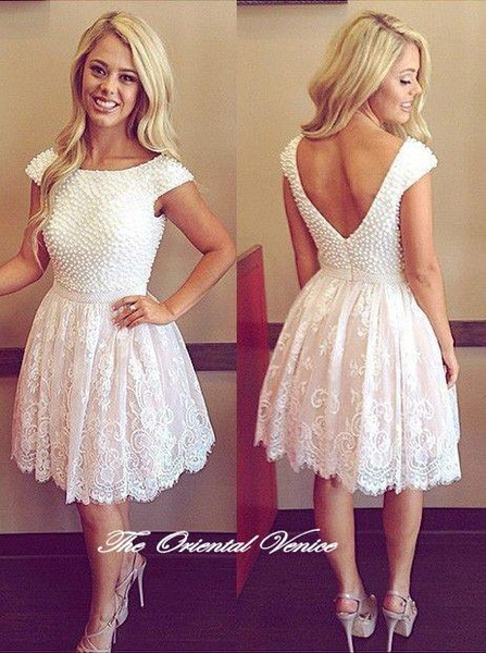 white 2016 Sexy back lace A line scoop knee length graduation dresses beading Junior Girls Graduation Cocktail Gowns homecoming prom dresses