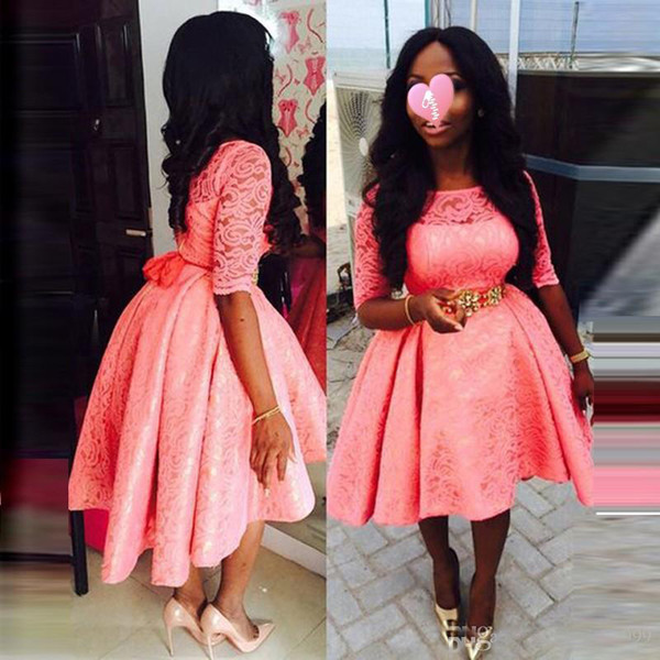 2017 African Short Pink Graduation Homecoming Dresses With Half Sleeves Lace Vintage Evening Party Wear Girl Dress