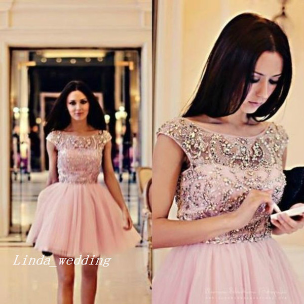 Fashion Pink Tulle Graduation Dresses For 8th Grade Puffy Bling Crystal Beaded Short Prom Dress Party Gown