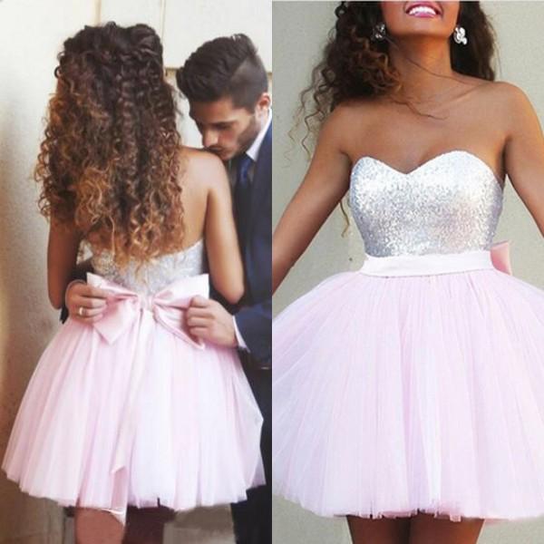 Sparkly 2016 Short Homecoming Dresses Cheap High Quality Graduation Dresses Sequined Top Sweetheart Neck Backless Light Pink Tulle Bow